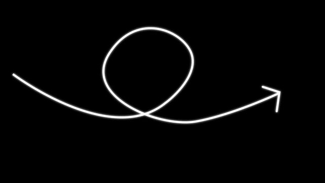 Hand-drawn animated white arrow loop with swirl motion on black background, for overlay animation doodle