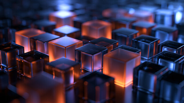 Glowing High Tech Cubes Representing Blockchain and Data Network