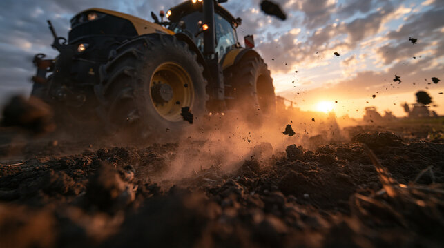 Agricultural Tractor Plowing Soil in Field at Sunset