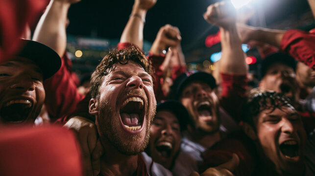 Ecstatic Baseball Players and Fans Celebrating Victory in Stadium
