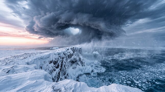 Arctic Blizzard and Storm Clouds over Frozen Ocean
