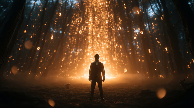 Silhouette of Man Facing Glowing Digital Binary Code in Forest