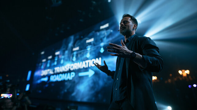 Speaker Presenting Digital Transformation Roadmap at Tech Conference