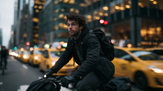 Young Man Commuting on Bicycle in Busy City Traffic