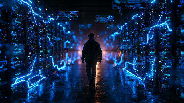 Silhouette Walking Through Futuristic Server Room Data Center