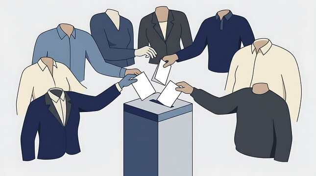 Diverse headless figures in shirts and suits casting votes into a ballot box with ballot paper