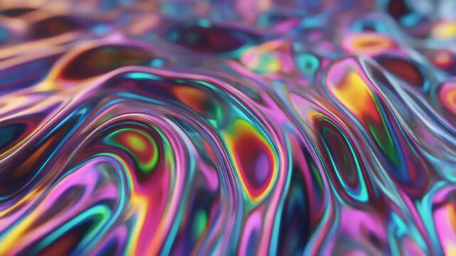3D Animation - Abstract colorful background of a looping animated iridescent reflective material with swirling texture