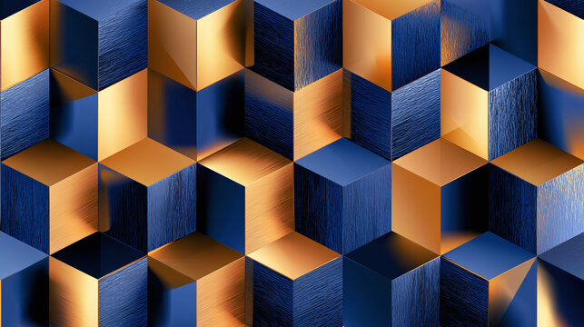 Modern abstract 3D background with geometric blue and gold textured cube