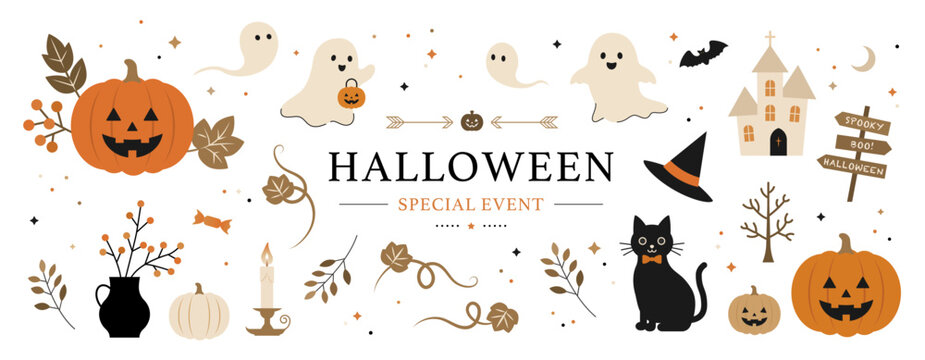 ハロウィンのイラスト素材セット ベクター 秋 10月 お洒落 黒猫 白背景