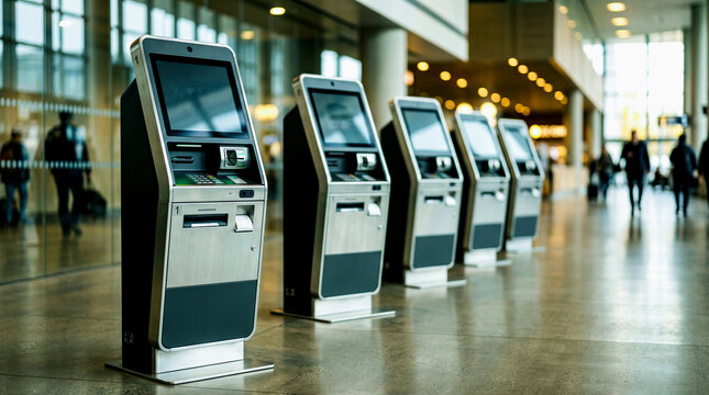 Row of self service check in kiosks in modern airport terminal for convenient travel and passenger processing and ticketing.