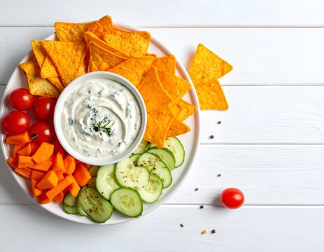 Appetizer plate with tortilla chips, dip, vegetables on a white, wooden surface