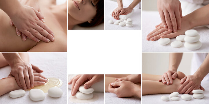 Relaxing spa massage collage featuring hot stones and gentle touch. Various body parts are being massaged, promoting tranquility and well-being