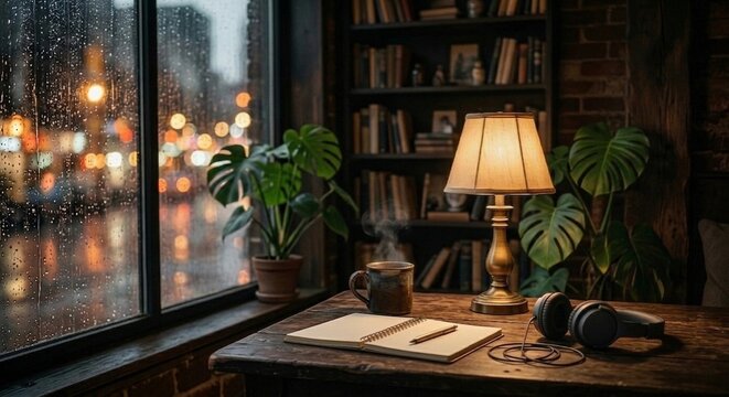 Cozy rainy night setup by the window with hot coffee notebook and warm vintage lamp