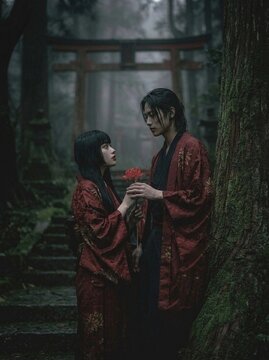 Romantic and moody portrait of a Japanese couple in traditional red kimono holding a red spider lily