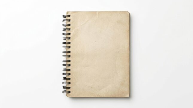 Vintage spiral bound notebook with blank textured paper cover on white background