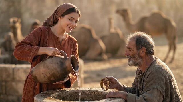 Biblical scene of young beautiful Rebekah gently pouring water from a clay jug for elderly Eliezer at a stone well with resting camels in a sunny dusty desert background