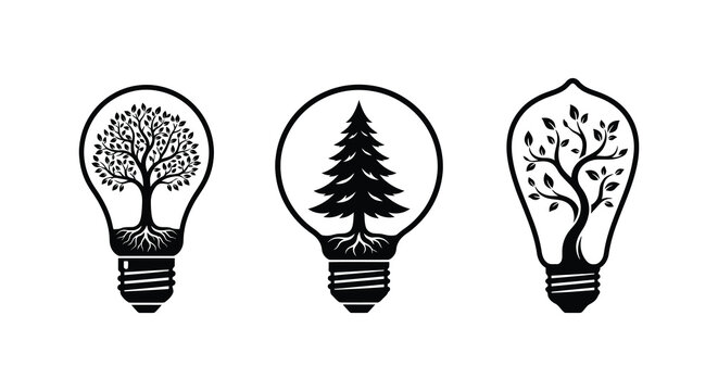 Three lightbulbs containing tree silhouettes represent growth and sustainable energy silhouette arboriculture