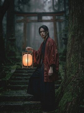 Dark and moody portrait of a Japanese man holding a glowing lantern on stone temple stairs