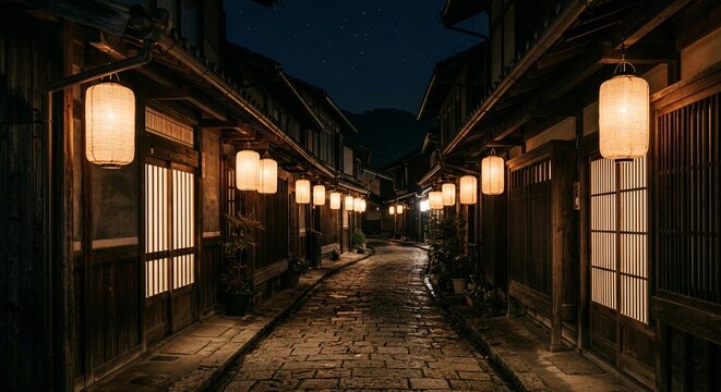 Atmospheric traditional Japanese street at night illuminated by glowing paper lanterns