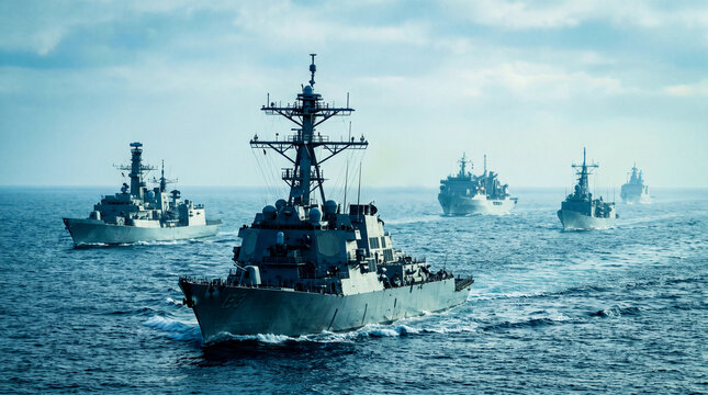 United states navy warships sailing in formation across calm ocean surface on tactical maritime training mission for military defense concept.