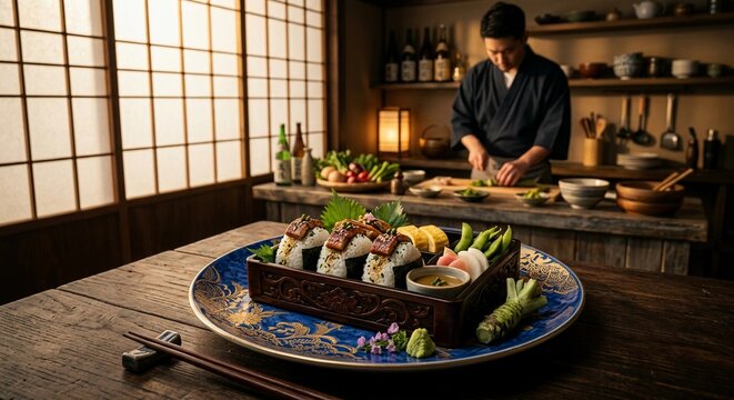 Gourmet Japanese cuisine featuring unagi sushi onigiri in a wooden box with blurred chef in background