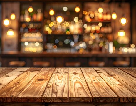 Wooden table foreground with blurred pub background of bottles, lights, and bar