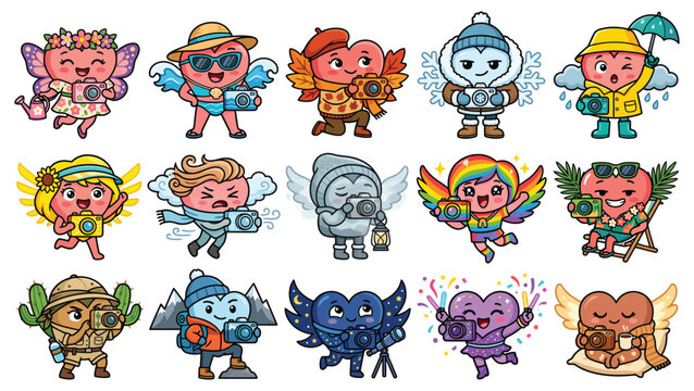 Cute Heart Photographer Characters for Four Seasons and Weather Adventures Cartoon Illustration Collection