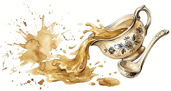 Watercolor illustration of a vintage floral sauce boat pouring brown liquid with splashes