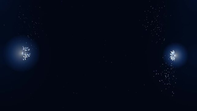 Cinematic blue fireworks bursting from the edges of a dark background, creating an elegant luminous frame around a clean central space. Glowing sparks, launch trails and fading ember particles provide