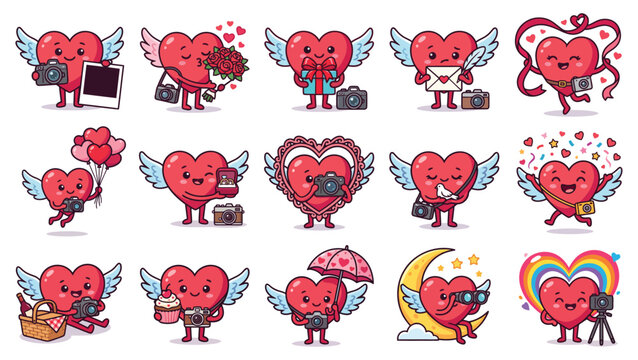 Cute Winged Heart Photographer Characters With Romantic Valentine Gifts and Cameras Cartoon Illustration Set