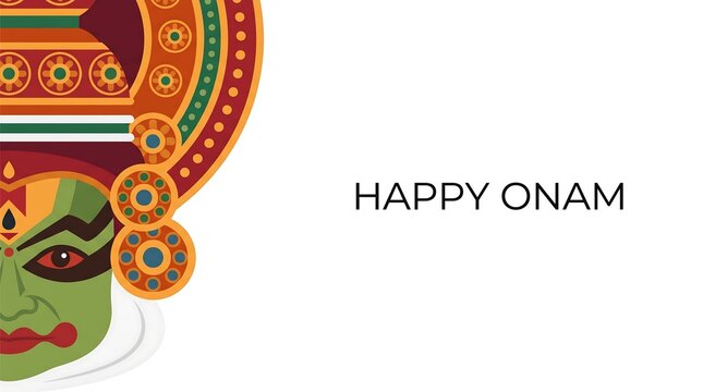 Happy Onam festival greeting card design with traditional Kathakali face art vector