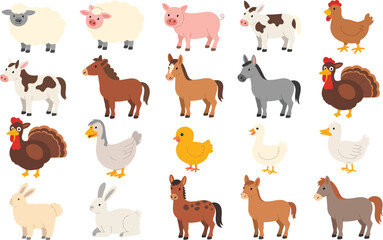 Obraz premium Cute cartoon farm animals vector collection featuring sheep cow horse pig donkey rabbit chicken goose turkey and duck isolated on white background