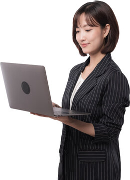 Confident asian woman smiling while holding modern laptop for corporate business work and digital communication on transparency background