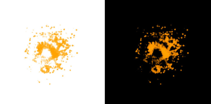 Orange fiery particle explosion effect with glowing magic sparkles on transparent background for digital game development.