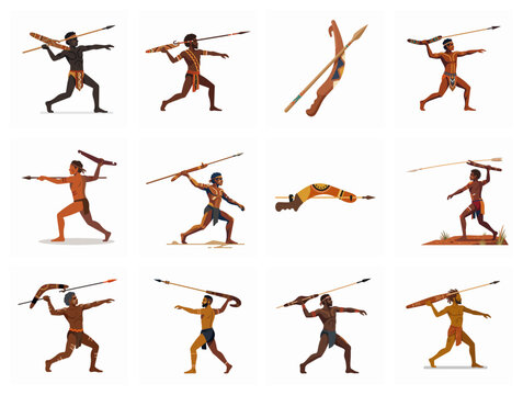 Australian Aboriginal Hunters With Spears And Boomerangs Illustration Set