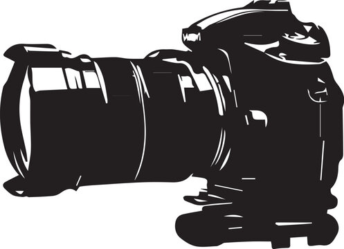 Professional black dslr camera with long zoom lens for wildlife and sports photography.