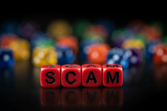 Red cubes spelling the word scam with blurred colorful blocks on a dark black background for security concepts