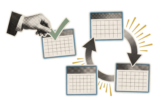 Retro collage of four calendars connected by circular arrows and approval mark, representing recurring schedule and planning cycle, with cutout hands, colored accents, and transparent background.