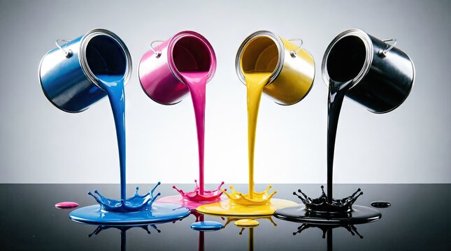 Four paint cans pouring cyan magenta yellow black