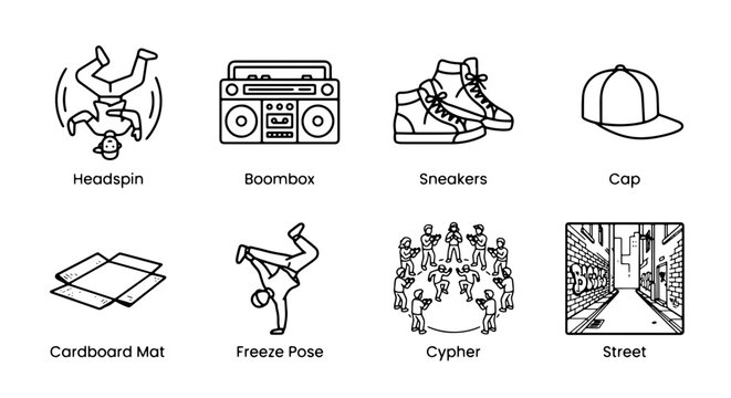 Hip Hop Culture Icons: Breakdancing, Boombox, Sneakers, Graffiti Art, Street Style Elements, 8 Icons Set