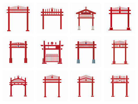 Traditional Korean Hongsalmun Red Sacred Gate Vector Icon Set