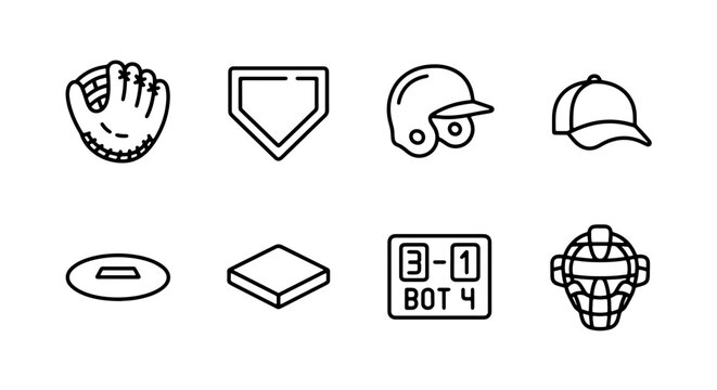 Baseball Icons Set, Sports Equipment Vector Graphics, Game Elements Collection, Clean Outline Design for Athletic Themes