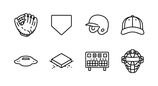 Baseball Equipment Icons Set, Sports Gear Line Art Collection, Athletic Game Accessories Vector Graphics, Clean Outline Design Elements