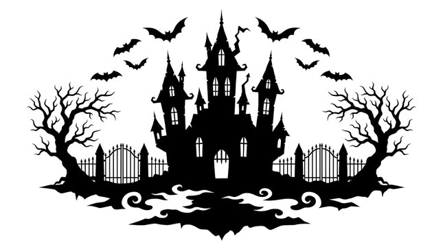 Grand haunted castle silhouette with spooky towers flying bats and eerie smoke swirls for magical Halloween fantasy vector illustration and holiday party banner design