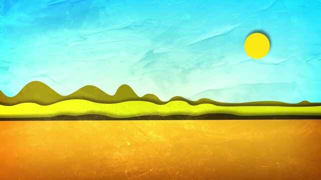 Perfect 10-second seamless loop of a colorful paper cutout landscape with moving layers and a yellow sun. Camera motion creates a stunning parallax effect for creative, travel.