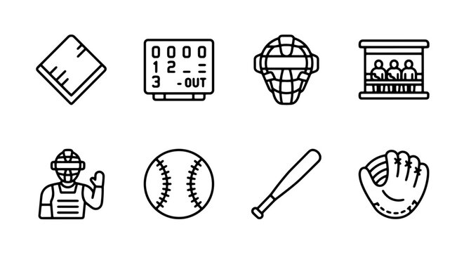 Baseball Icons Set: Catcher, Umpire, Scoreboard, Bat, Ball, Mitt, Dugout, Home Plate Vector Graphics for Sports Design