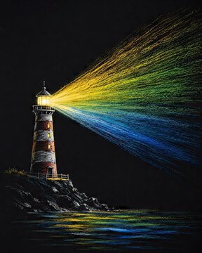 Lighthouse with rainbow colored beam at night