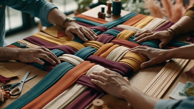 Hands of diverse team weaving colorful textile fabric straps together at workshop table