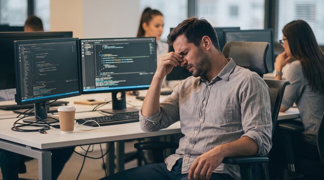 A tired male programmer sits at a desk in a modern office, rubbing his forehead with his hand while looking at multiple computer monitors displaying lines of code.