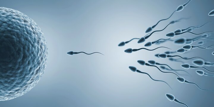 Scientific illustration of human sperm cells racing toward a single egg cell for fertilization and biological reproduction process